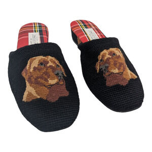 Vintage Amy Jo Gladstone NY Woven Wool Needle Point Yellow Lab Mules Large NWOB